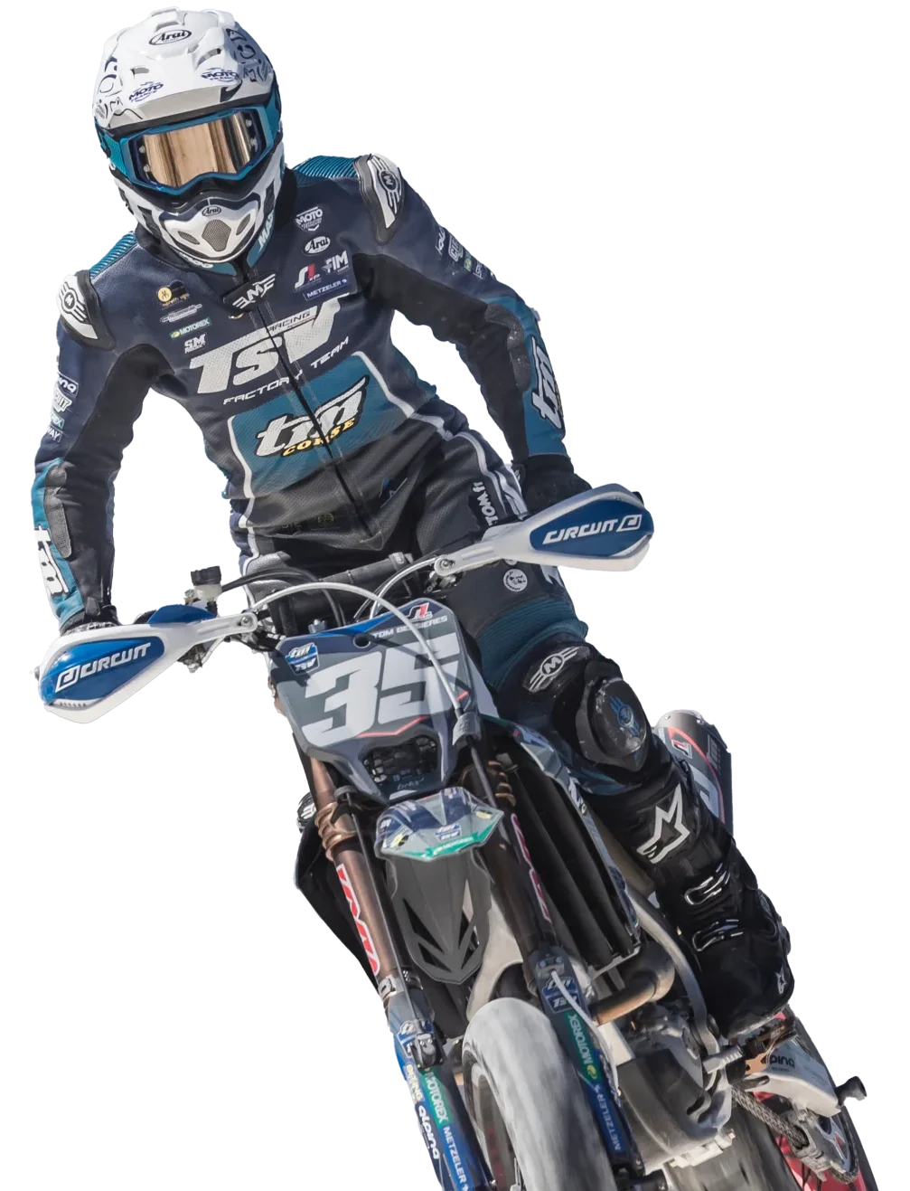 Motorcrosser met startnummer 33 in een zwart-blauw racepak op een supermoto, afgebeeld tegen een transparante achtergrond.
